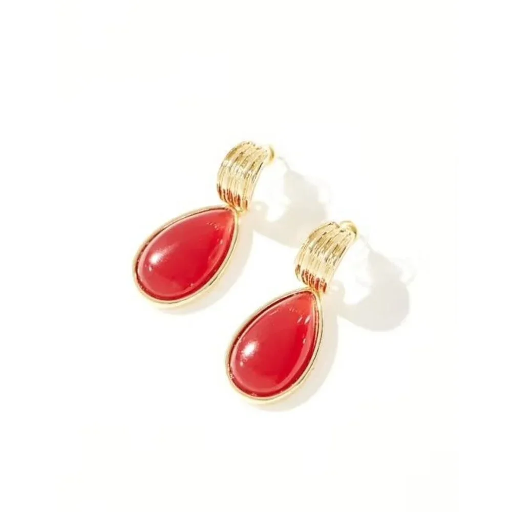 Gold Teardrop Red Stone Earrings